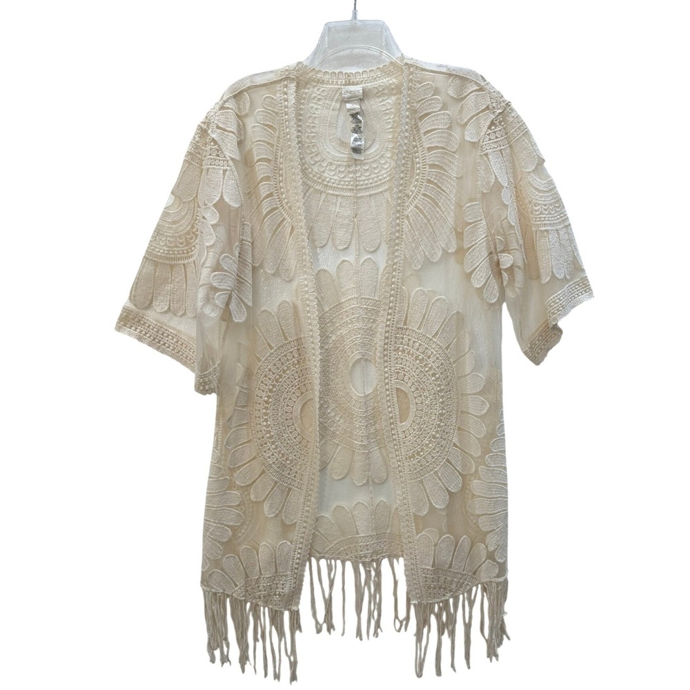 Chico's Sheer Mesh Kimono Wrap Cream Ivory Floral Embroidered‎ Fringe Size 1 / M